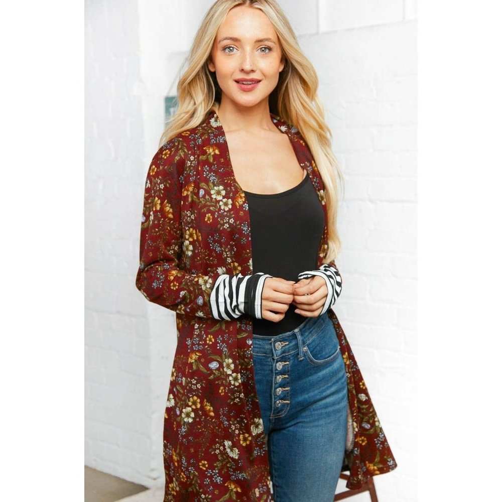 Burgundy Floral Stripe Cardigan with Thumbholes - Picture 6 of 10